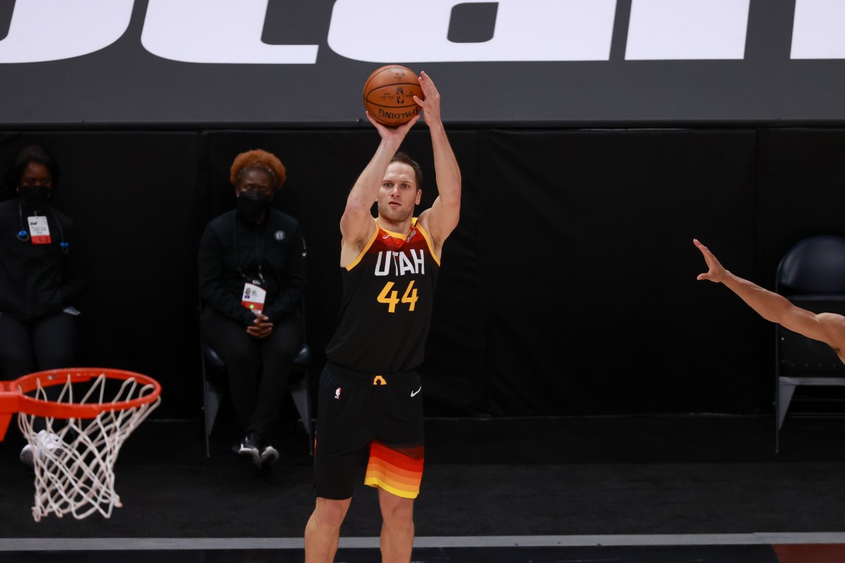 Bojan Bogdanovic knocks down a three-pointer in the Utah Jazz win over the Brooklyn Nets